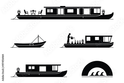Modern houseboat and water living vector silhouette icons with houseboat
