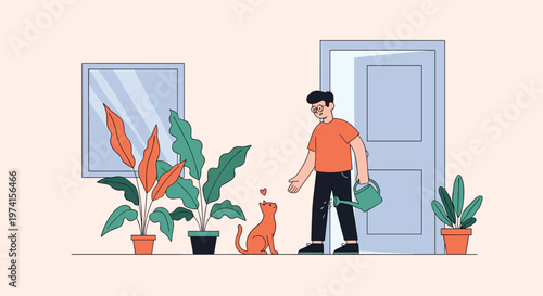 Caring man uses a green watering can to tend to indoor houseplants while his pet cat watches with curiosity nearby.