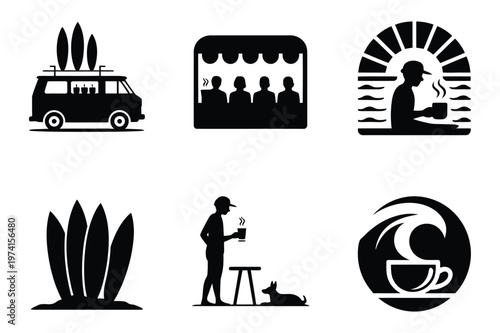 Surfing and coffee culture lifestyle silhouette icon set with lifestyle