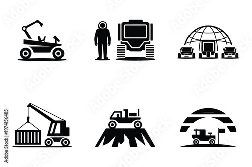 Space exploration and lunar colony mission vector icons with astronaut, research