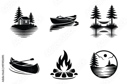 Wilderness camping and lake adventure vector silhouette icons with wilderness