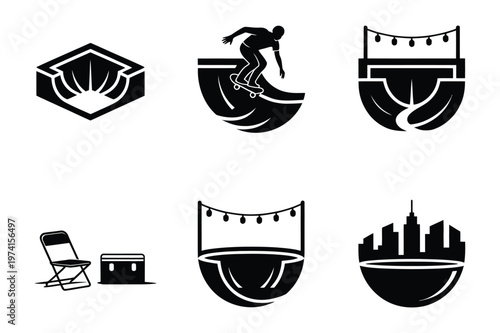 Skateboarding and skate park culture vector silhouette icons with skateboarding