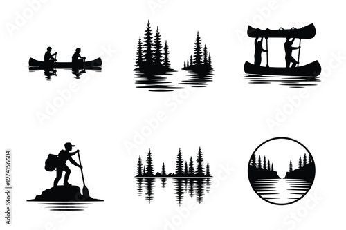 Canoeing and forest landscape vector icon set with canoeing adventure vacation