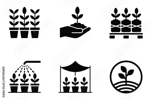Plant nursery and gardening horticulture vector icon set with gardening