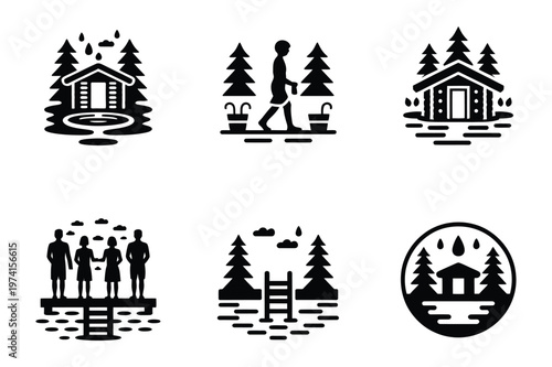 Cabin in the woods and lakeside holiday activity icons with vacation, outdoors