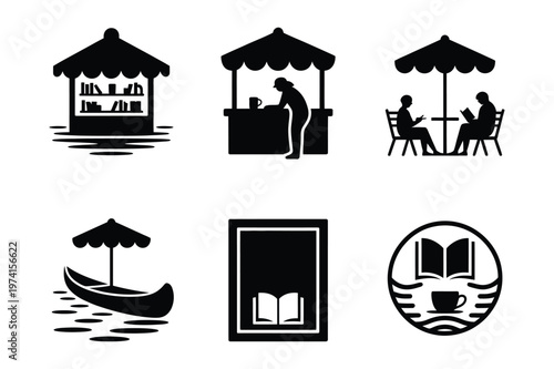 Set of black and white vector icons depicting book shop reading cafe
