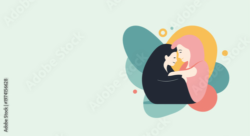 Abstract illustration of two figures in a gentle embrace surrounded by soft colorful shapes on a light background.