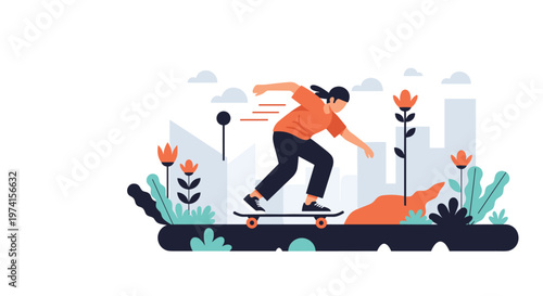 Energetic young woman enjoys skateboarding through a stylized urban park filled with giant colorful spring flowers.