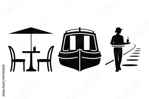 Set of black and white vector silhouettes showing cafe service and canal boat