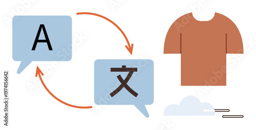 Language translation, global communication, e-commerce, fashion, localization, international trade. Text bubbles with arrows and symbols. Language translation and e-commerce concept