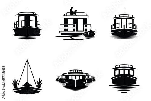 Collection of black vector house boat silhouettes for nautical design