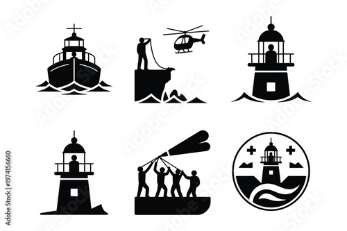 Black and white vector icons of lighthouses maritime rescue helicopter
