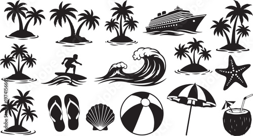 Black and white beach icons and tropical vacation symbols