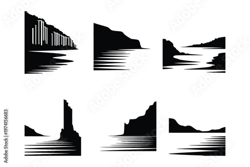 Set of black and white vector nature landscape silhouettes and cliff icons