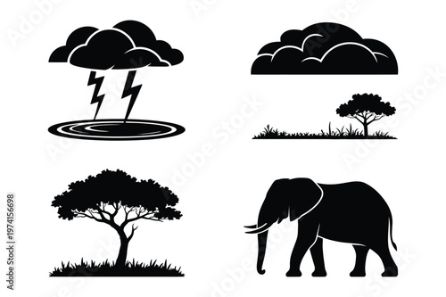 Black silhouette vector icons of safari wildlife nature and weather elements