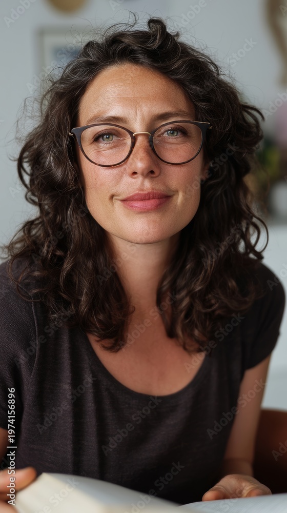 Fototapeta premium Woman with glasses, curly hair, and a contemplative expression.