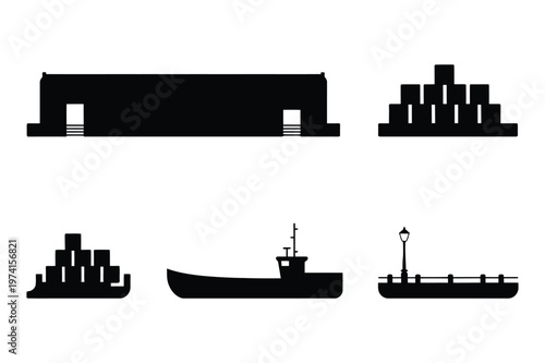 Logistics and cargo shipping vessel silhouette vector illustration with shipping