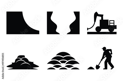 Construction site and manual labor silhouette icon vector set with construction