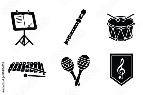 Collection of musical instruments and music stand vector icons with instruments