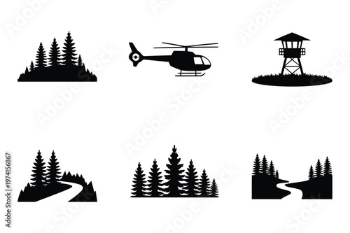Forest helicopter and lookout tower silhouette vector illustration with mountain