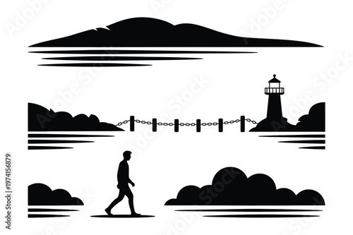 Landscape silhouettes with walking person and lighthouse vector set, silhouette