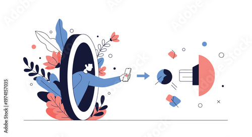 Person reaches through a circular portal to use their smartphone for a seamless digital payment or data transfer.