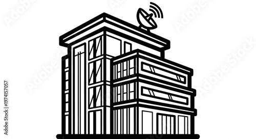 Modern office building with satellite dish.