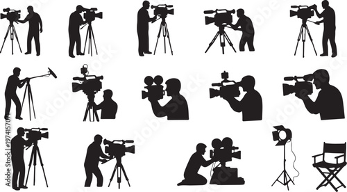 Silhouettes of photographers and videographers at work with equipment