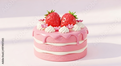 A delicious gourmet strawberry cake with sweet cream and fresh fruit rests on a white plate as a perfect baked dessert for a birthday party