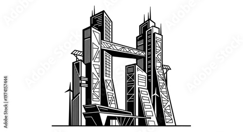 Modern city skyscrapers in drawing.