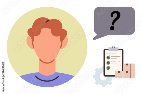 Decision making, logistics, task management, problem solving, workflow efficiency, packaging. A faceless person, checklist question mark speech bubble boxes gear icon. Decision making