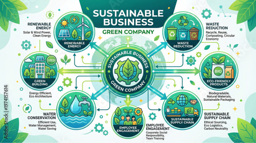 Sustainable, business, green company, ecology, environment, infographic, renewable energy, waste reduction, circular economy, eco-friendly, supply chain, conservation, sustainability.