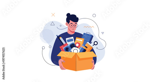 Young man with glasses holds a cardboard box overflowing with various tools, files, and electronic gadgets against a dynamic background.