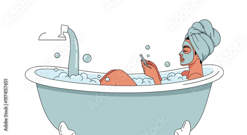 Young woman relaxes in a bubble bath while wearing a clay face mask and scrolling through her smartphone at home.