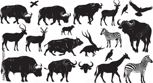 Collection of various wild animal silhouettes in black and white