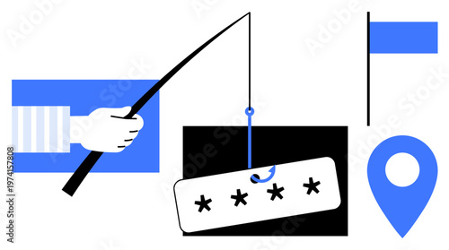 Cybersecurity, online security, data protection, phishing, internet safety, digital threats. Visual shows a hook with a password and digital elements. Cybersecurity and online security warning