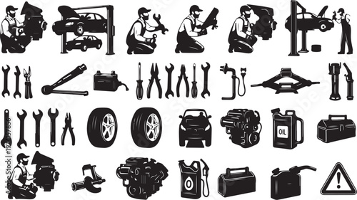 Black and white car repair service icons and tools
