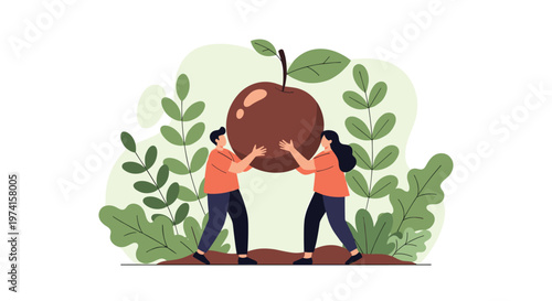 Man and woman work together to carry a giant red apple through a lush green garden symbolizing healthy harvest and teamwork.