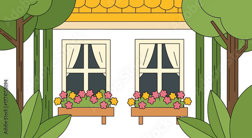 Charming house facade with flower boxes a delightful silhouette on transparent background