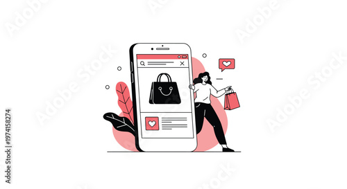 Fashionable woman shops online using a giant mobile application with features like product favorites and multiple shopping bags.