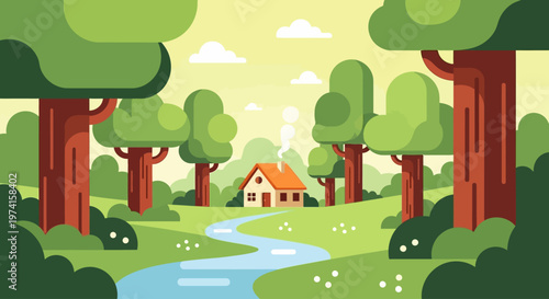 Peaceful forest landscape with a cozy house and winding river silhouette on transparent background
