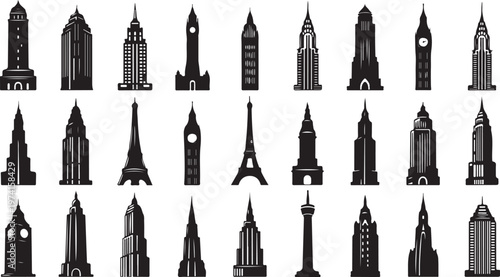 Collection of iconic city skylines and famous landmarks silhouettes