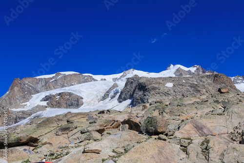 Mountain Monte Rosa massif with summit Dufourspitze seen from Monte Rosa Hut in Pennine Alps, Switzerland