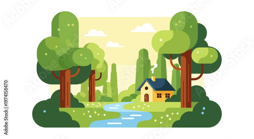 Cozy cabin nestled in a lush forest landscape on transparent background silhouette