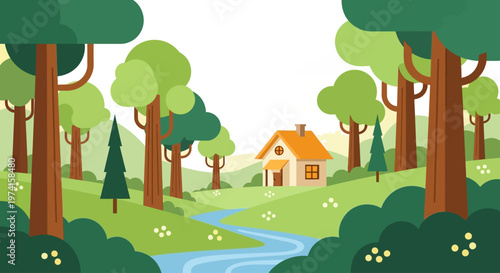 Charming countryside house with trees and a river on transparent background silhouette