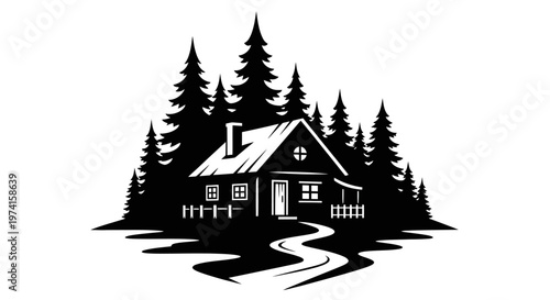 Charming cabin nestled among trees on transparent background silhouette