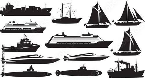 Collection of various boat and ship silhouettes on white