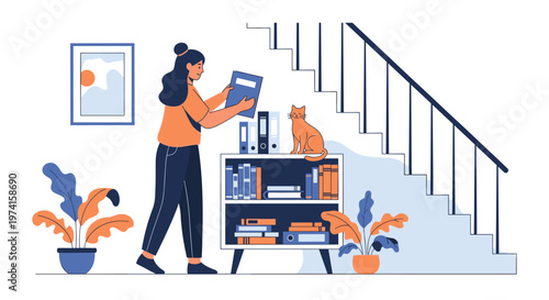Busy woman organizes books and folders on a white shelf near a staircase while her ginger cat watches from above.