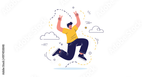 Enthusiastic young man jumps high in the air while showing peace signs with both hands against a sky background.