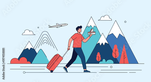 Excited traveler with a red suitcase and flight tickets walks past snowy mountains as an airplane flies overhead.